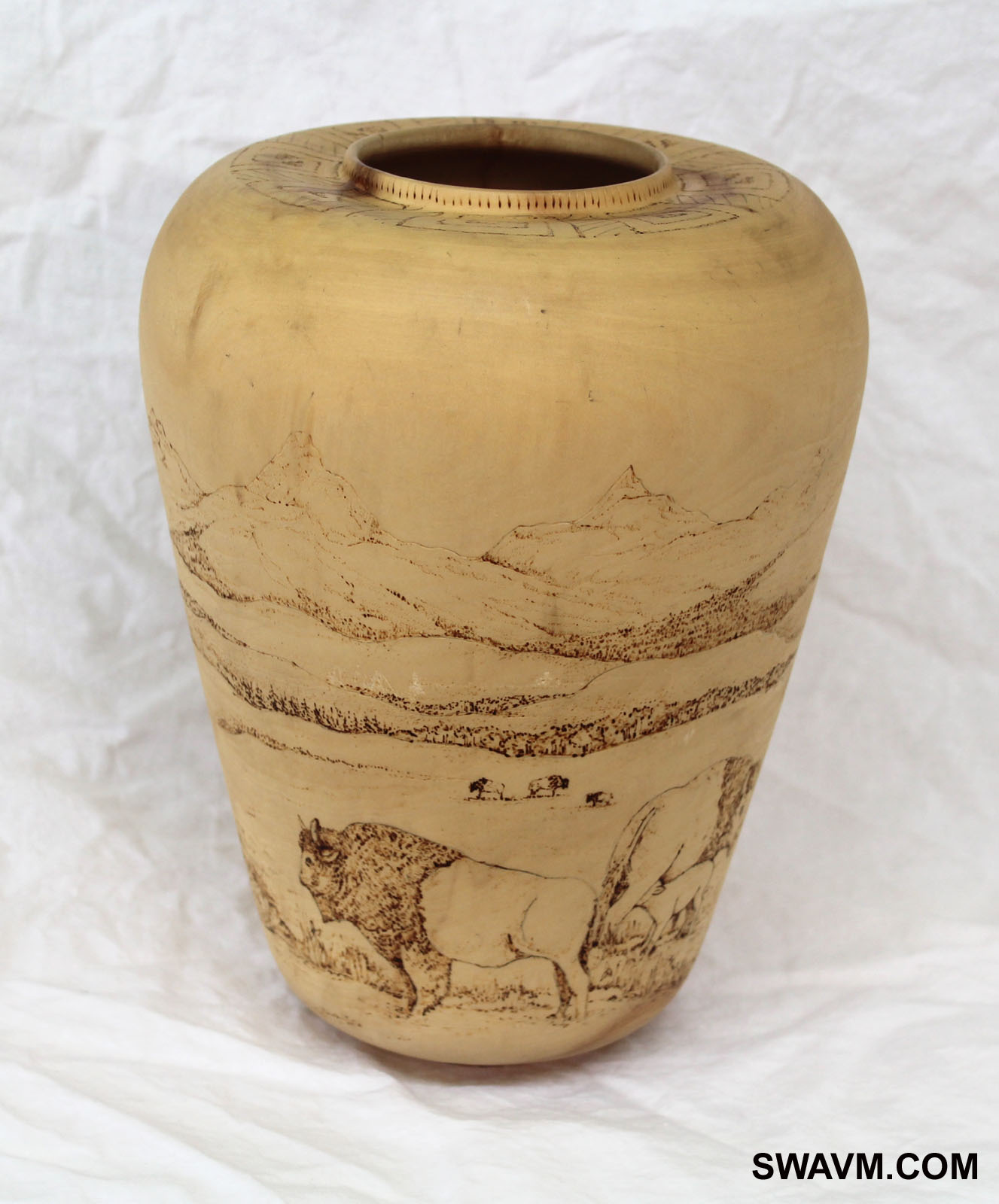 Wood Vase with Western Buffalo scene