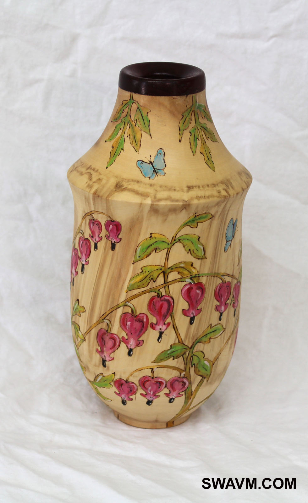 Vase with Bleeding Heart design by water color and woodburning